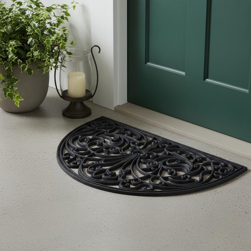 18" X 30" Black Rubber Scrollwork Welcome Outdoor Semi Circle Door Mat