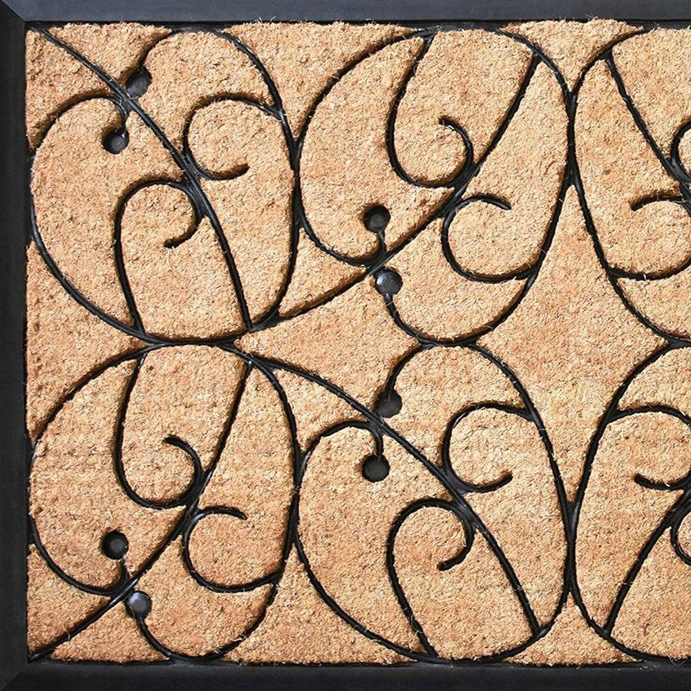 24" X 36" Natural and Black Coir Botanical Leaves Outdoor Door Mat