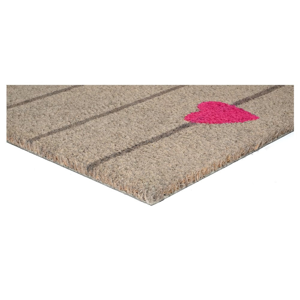 17" X 29" Gray and Pink Coir Heart and Stripe Outdoor Door Mat