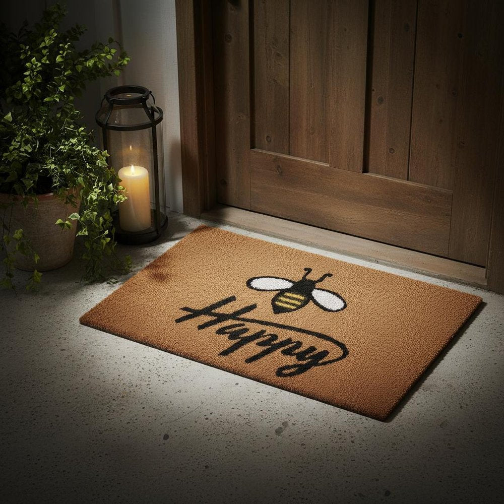 17" X 29" Natural and Black Coir Bumblee Bee Happy Outdoor Door Mat