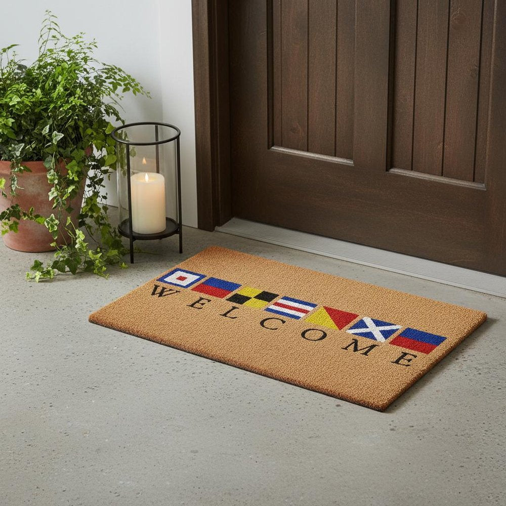 17" X 29" Natural Blue and Red Coir Nautical Flag Welcome Outdoor Door Mat