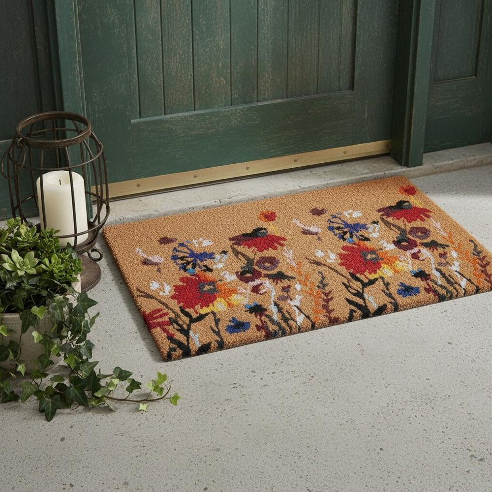 17" X 29" Natural Red and Yellow Coir Floral Outdoor Door Mat