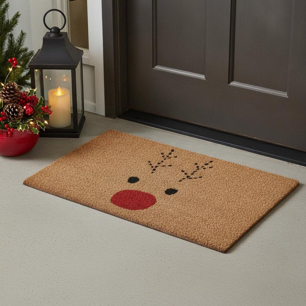 30" X 48" Brown Red And Black Christmas Reindeer Outdoor Coir Door Mat