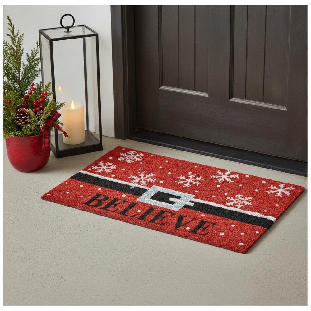 24" X 36" Red And Black Coir Snowflake Outdoor Christmas Door Mat
