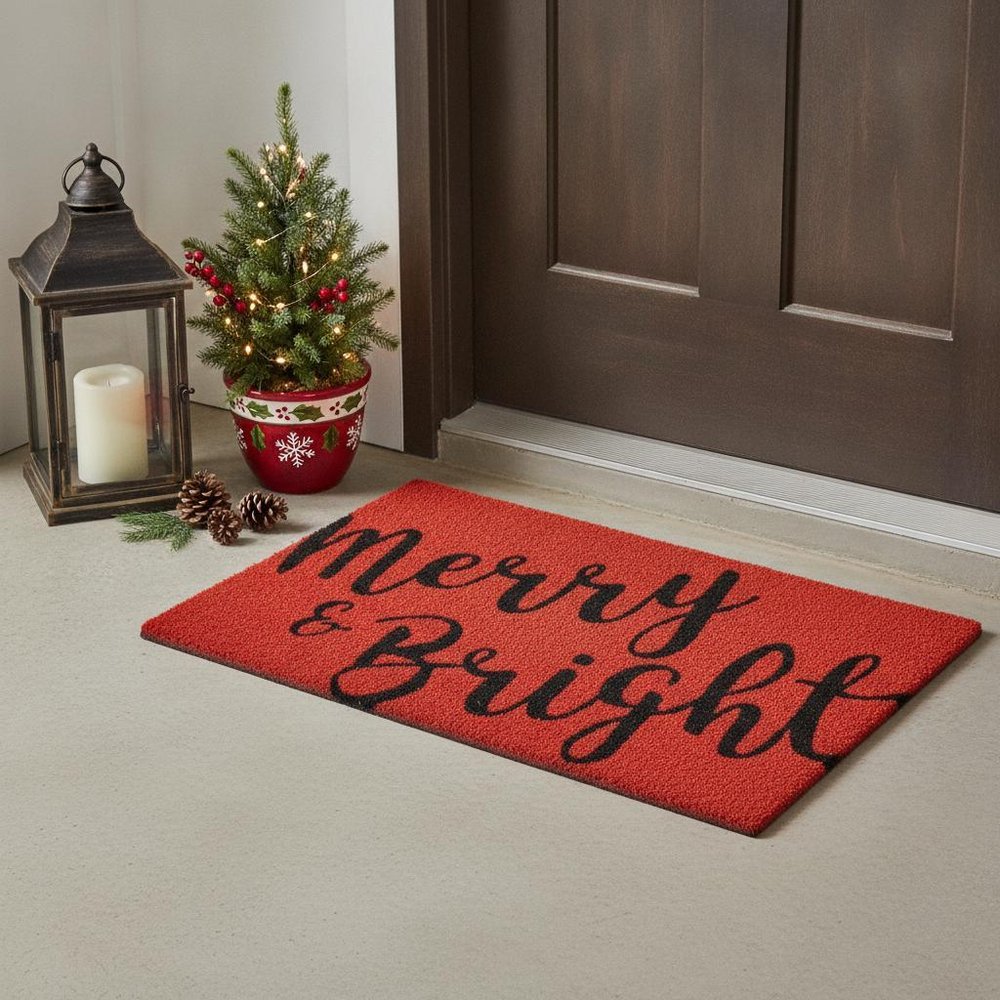 24" X 36" Red and Black Coir Merry and Bright Outdoor Christmas Door Mat