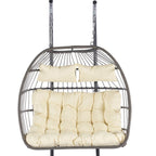 38" Beige Gray And Black Faux Rattan Steel Outdoor Folding Egg Chair