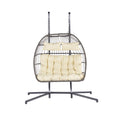38" Beige Gray And Black Faux Rattan Steel Outdoor Folding Egg Chair