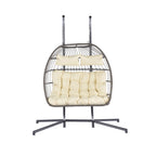 38" Beige Gray And Black Faux Rattan Steel Outdoor Folding Egg Chair