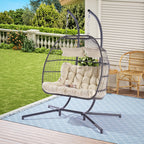 38" Beige Gray And Black Faux Rattan Steel Outdoor Folding Egg Chair