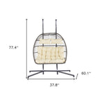 38" Beige Gray And Black Faux Rattan Steel Outdoor Folding Egg Chair