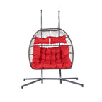 38" Red Gray And Black Faux Rattan Steel Outdoor Folding Egg Chair