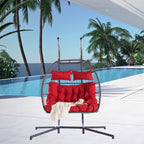 38" Red Gray And Black Faux Rattan Steel Outdoor Folding Egg Chair