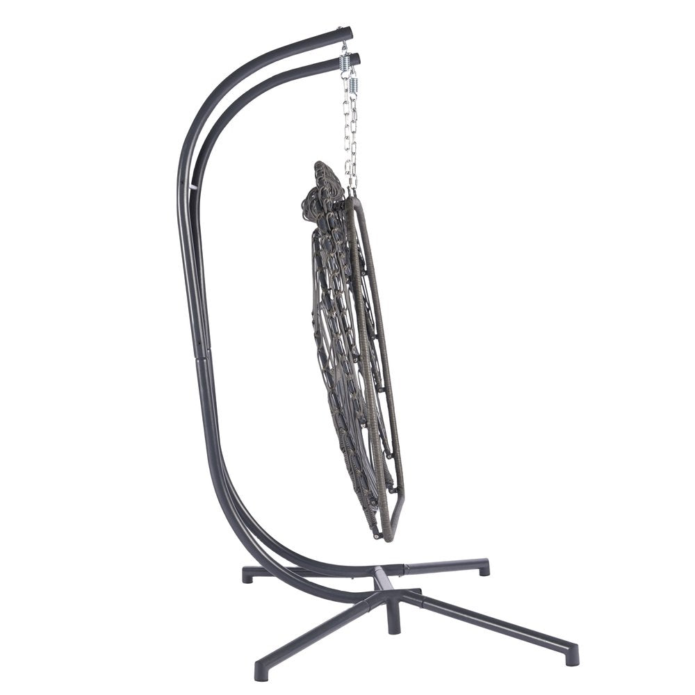 38" Red Gray And Black Faux Rattan Steel Outdoor Folding Egg Chair
