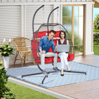 38" Red Gray And Black Faux Rattan Steel Outdoor Folding Egg Chair