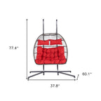 38" Red Gray And Black Faux Rattan Steel Outdoor Folding Egg Chair