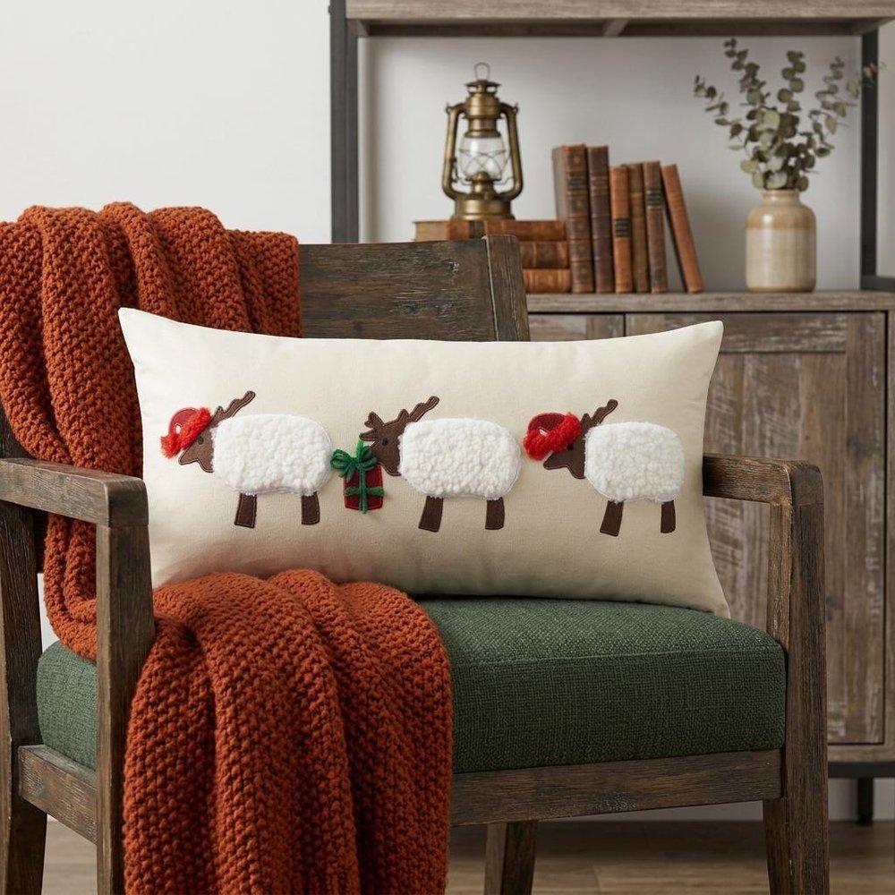 24" X 12" Beige Christmas Throw Pillow