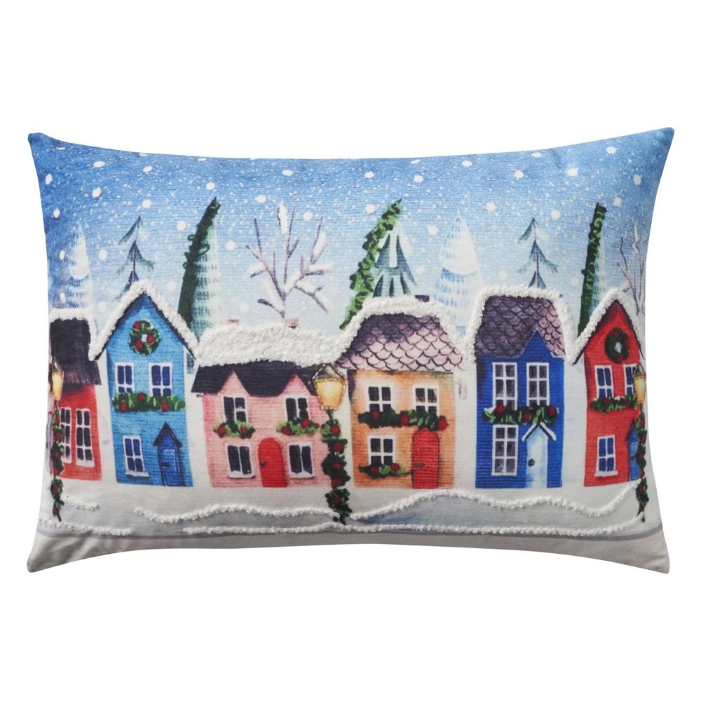20" X 14" Blue And Red Christmas Geometric Throw Pillow with Embroidery