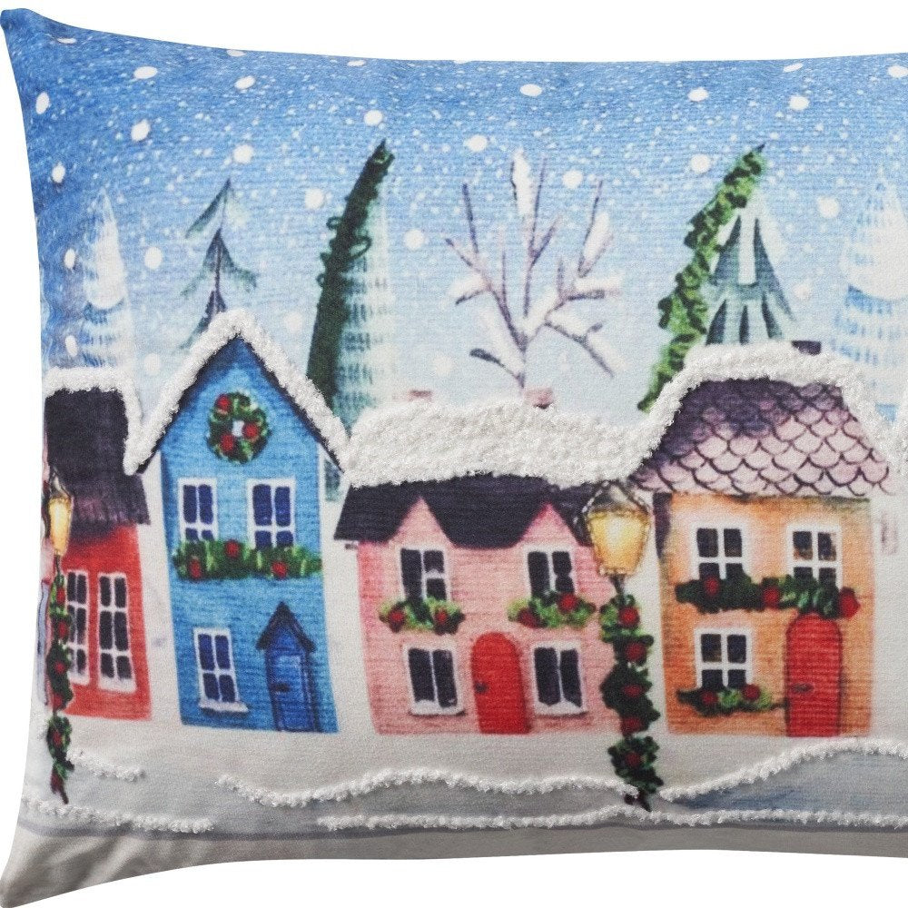 20" X 14" Blue And Red Christmas Geometric Throw Pillow with Embroidery