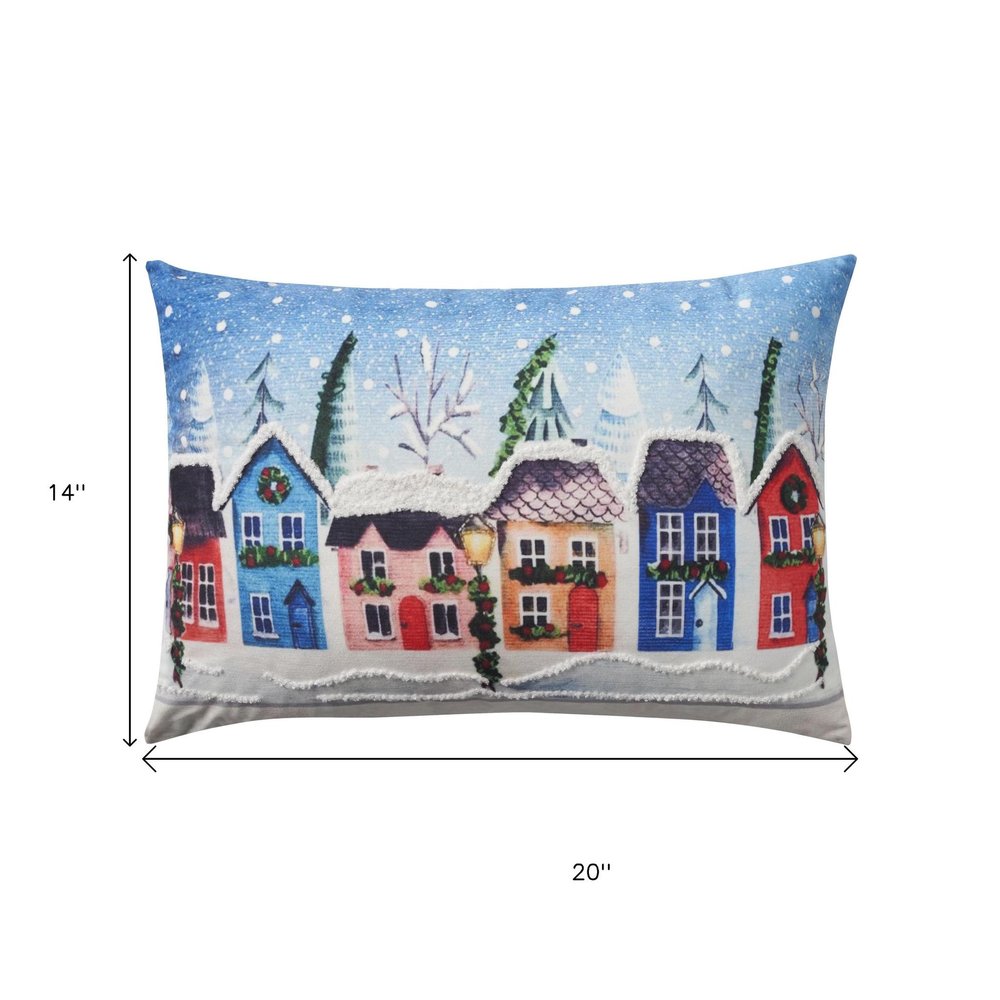 20" X 14" Blue And Red Christmas Geometric Throw Pillow with Embroidery