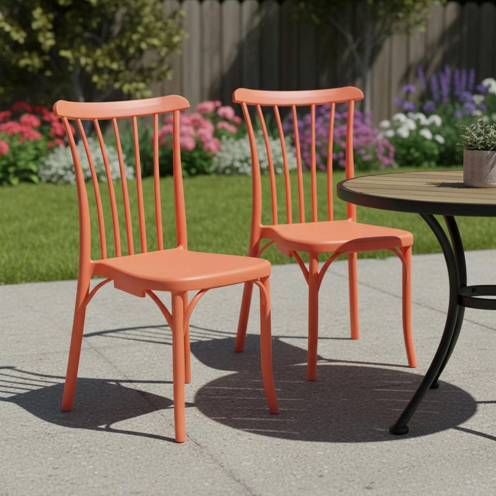 Set of Two Salmon Heavy Duty Plastic Outdoor Stacking Dining Chairs