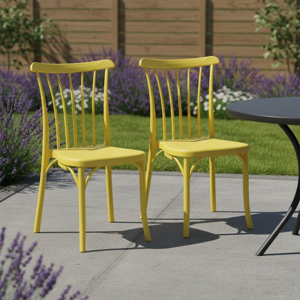 Set of Two Yellow Heavy Duty Plastic Outdoor Stacking Dining Chairs