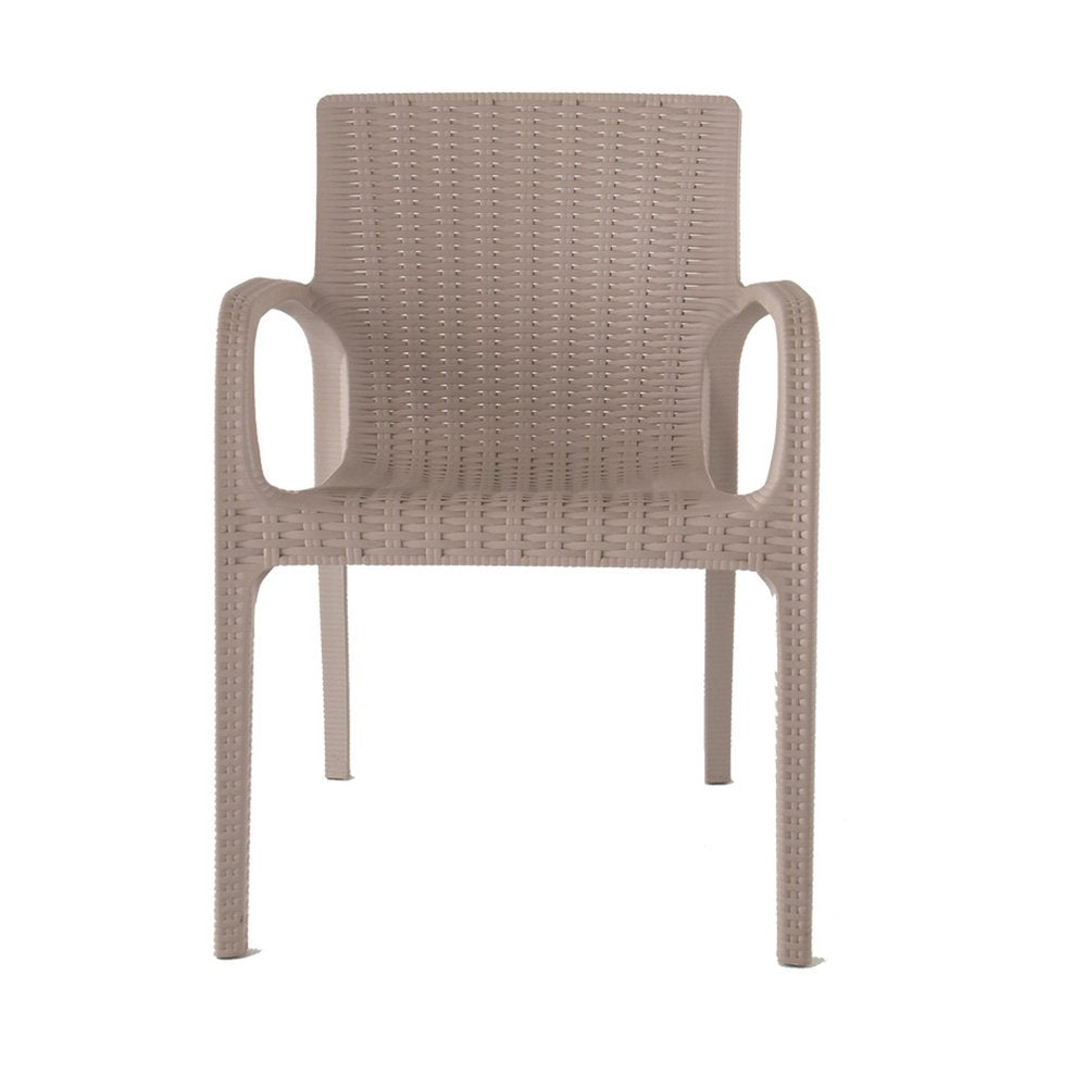 Set of Two Taupe Faux Rattan Heavy Duty Plastic Outdoor Stacking Arm Chairs