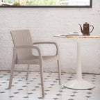 Set of Two Taupe Faux Rattan Heavy Duty Plastic Outdoor Stacking Arm Chairs