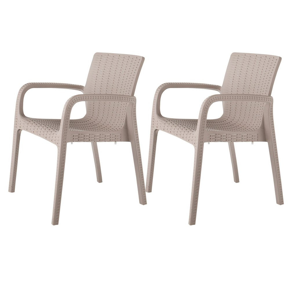 Set of Two Taupe Faux Rattan Heavy Duty Plastic Outdoor Stacking Arm Chairs