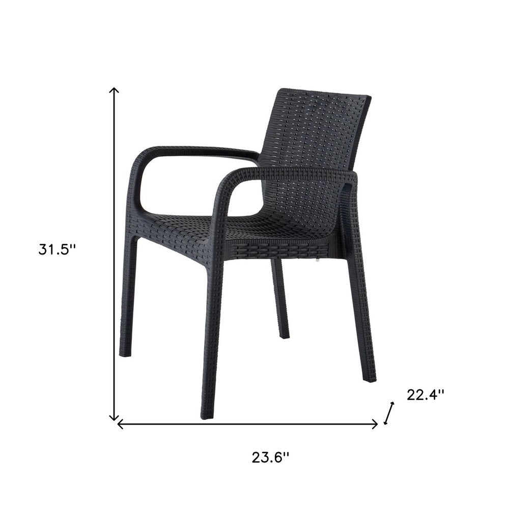 Set of Two Black Faux Rattan Heavy Duty Plastic Outdoor Stacking Arm Chairs