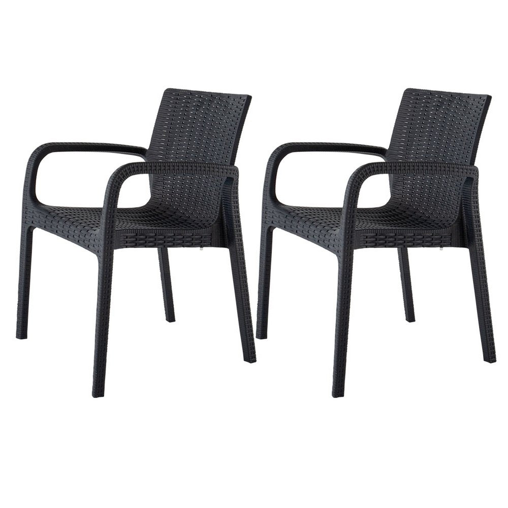 Set of Two Black Faux Rattan Heavy Duty Plastic Outdoor Stacking Arm Chairs