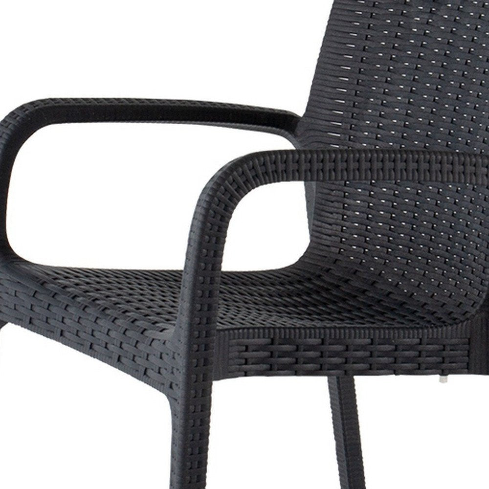 Set of Two Black Faux Rattan Heavy Duty Plastic Outdoor Stacking Arm Chairs