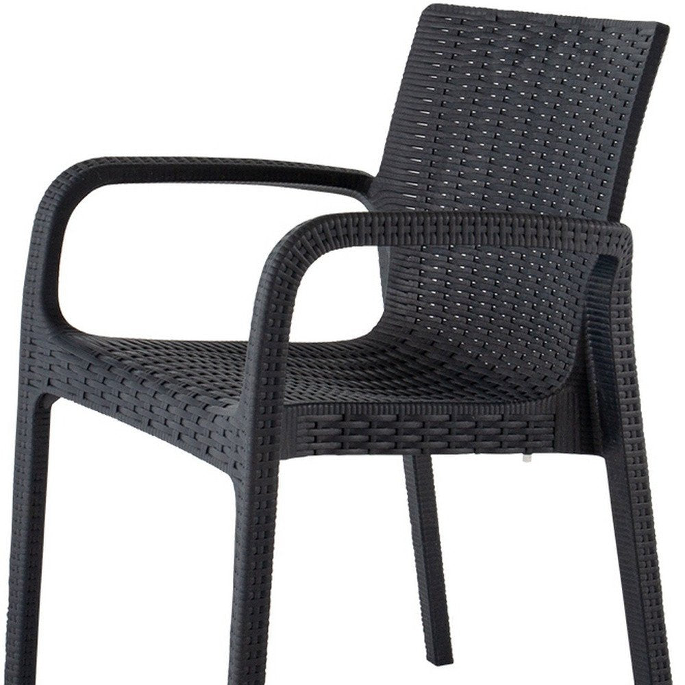 Set of Two Black Faux Rattan Heavy Duty Plastic Outdoor Stacking Arm Chairs