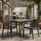 Set of Two Brown Faux Rattan Heavy Duty Plastic Outdoor Stacking Arm Chairs