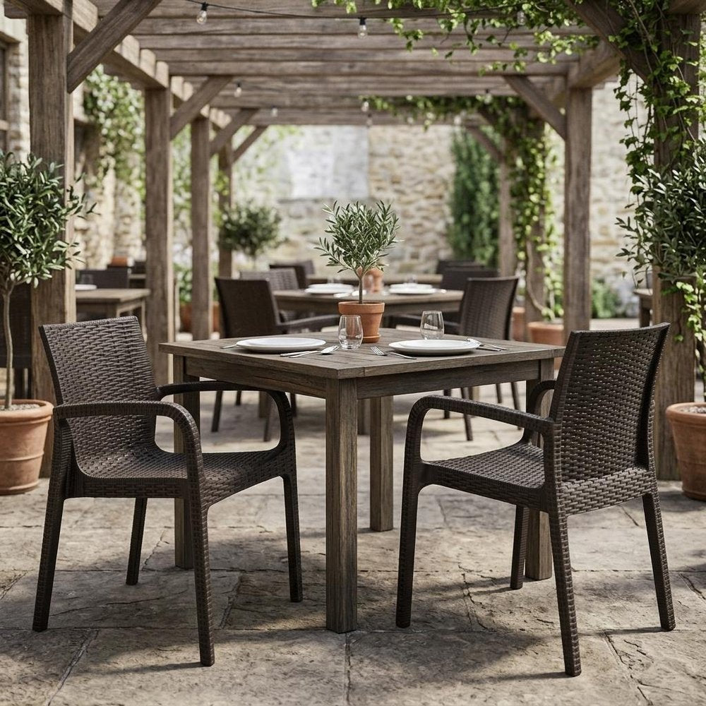 Set of Two Brown Faux Rattan Heavy Duty Plastic Outdoor Stacking Arm Chairs