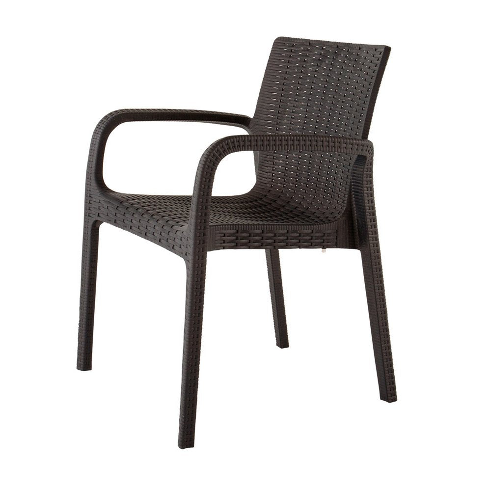 Set of Two Brown Faux Rattan Heavy Duty Plastic Outdoor Stacking Arm Chairs