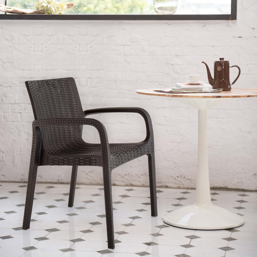 Set of Two Brown Faux Rattan Heavy Duty Plastic Outdoor Stacking Arm Chairs
