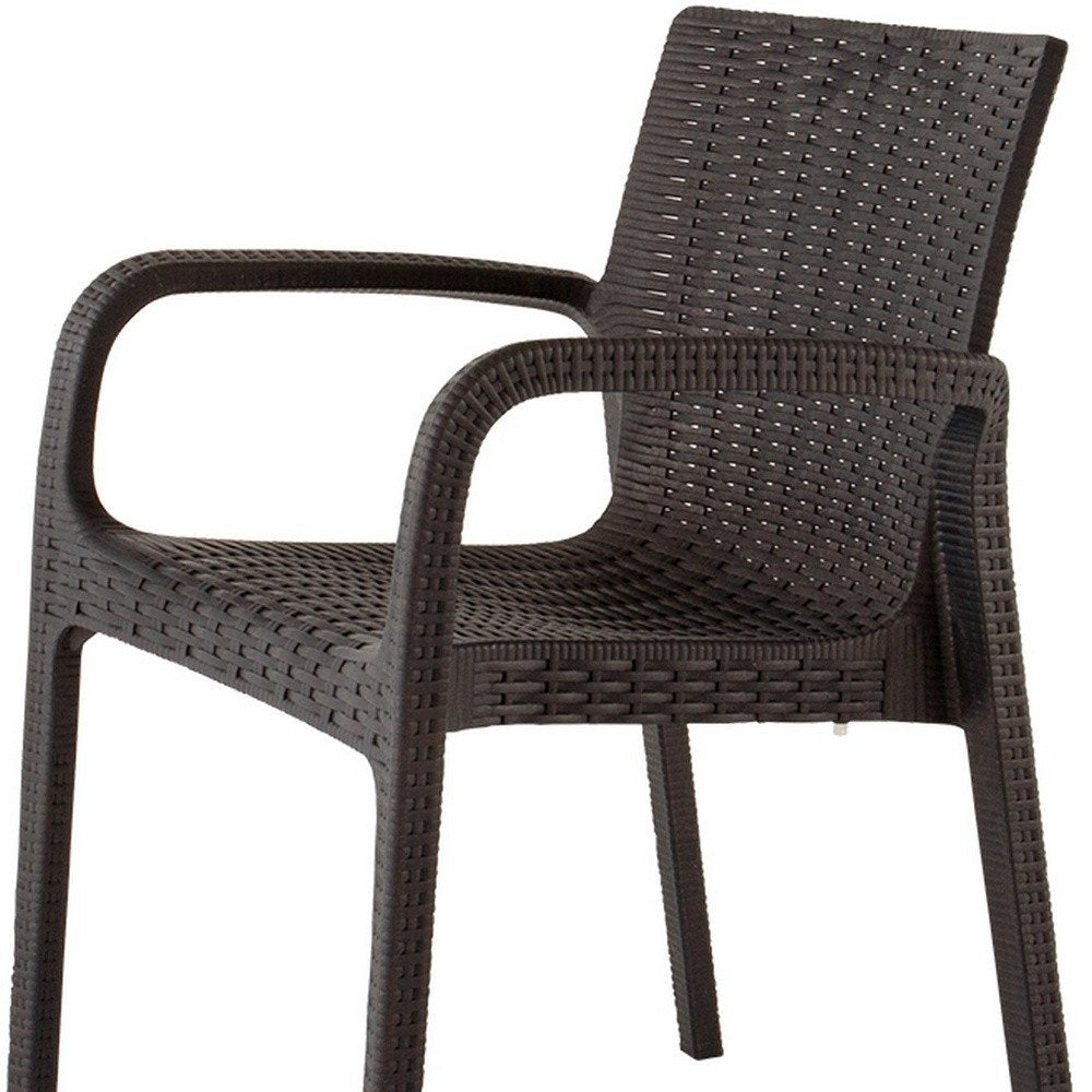 Set of Two Brown Faux Rattan Heavy Duty Plastic Outdoor Stacking Arm Chairs