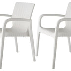Set of Two White Faux Rattan Heavy Duty Plastic Outdoor Stacking Arm Chairs