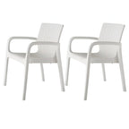 Set of Two White Faux Rattan Heavy Duty Plastic Outdoor Stacking Arm Chairs