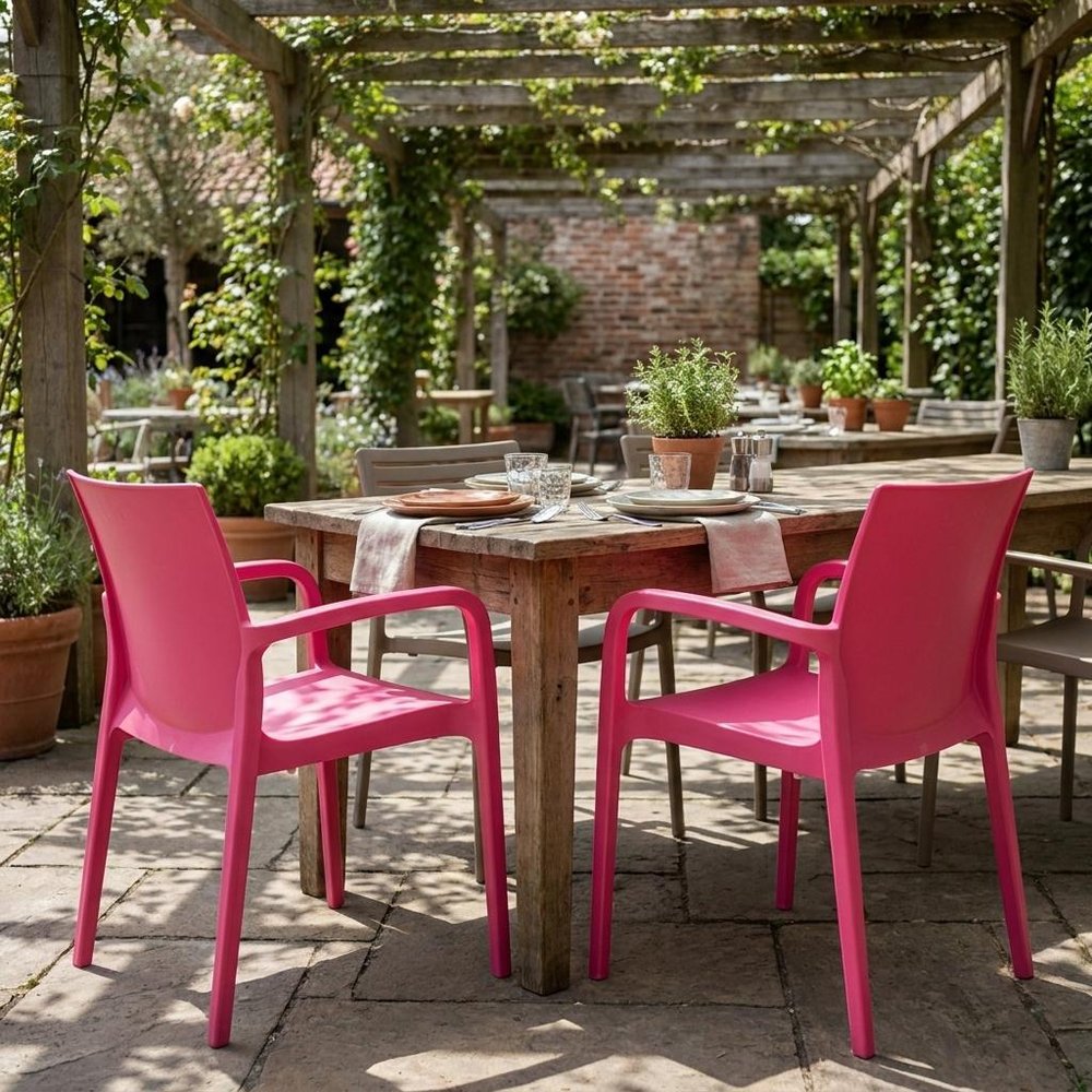 Set of Two Fuchsia Heavy Duty Plastic Outdoor Stacking Dining Chairs