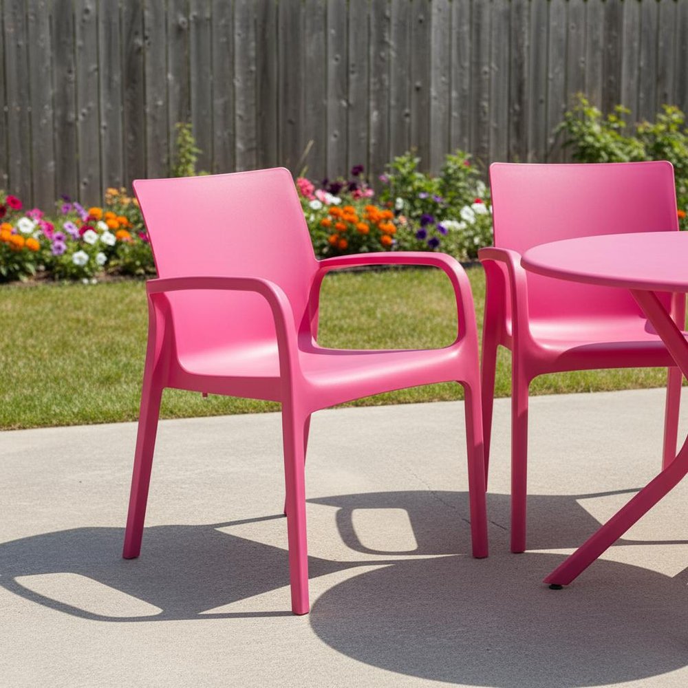 Set of Two Fuchsia Heavy Duty Plastic Outdoor Stacking Dining Chairs