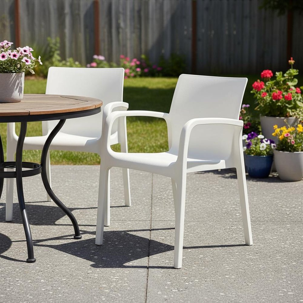 Set of Two White Heavy Duty Plastic Outdoor Stacking Dining Chairs