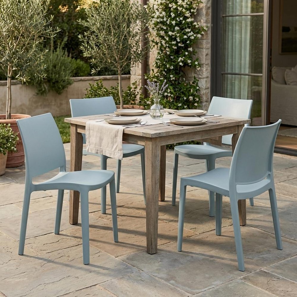 Set of Four Baby Blue Heavy Duty Plastic Outdoor Stacking Dining Chairs