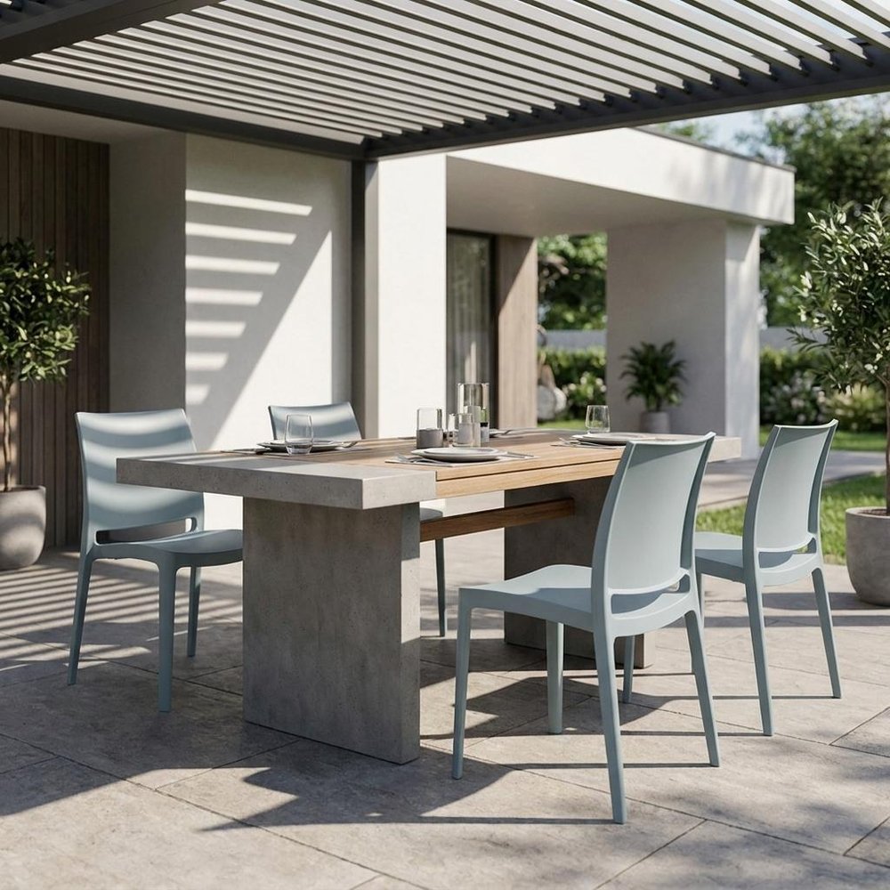Set of Four Baby Blue Heavy Duty Plastic Outdoor Stacking Dining Chairs