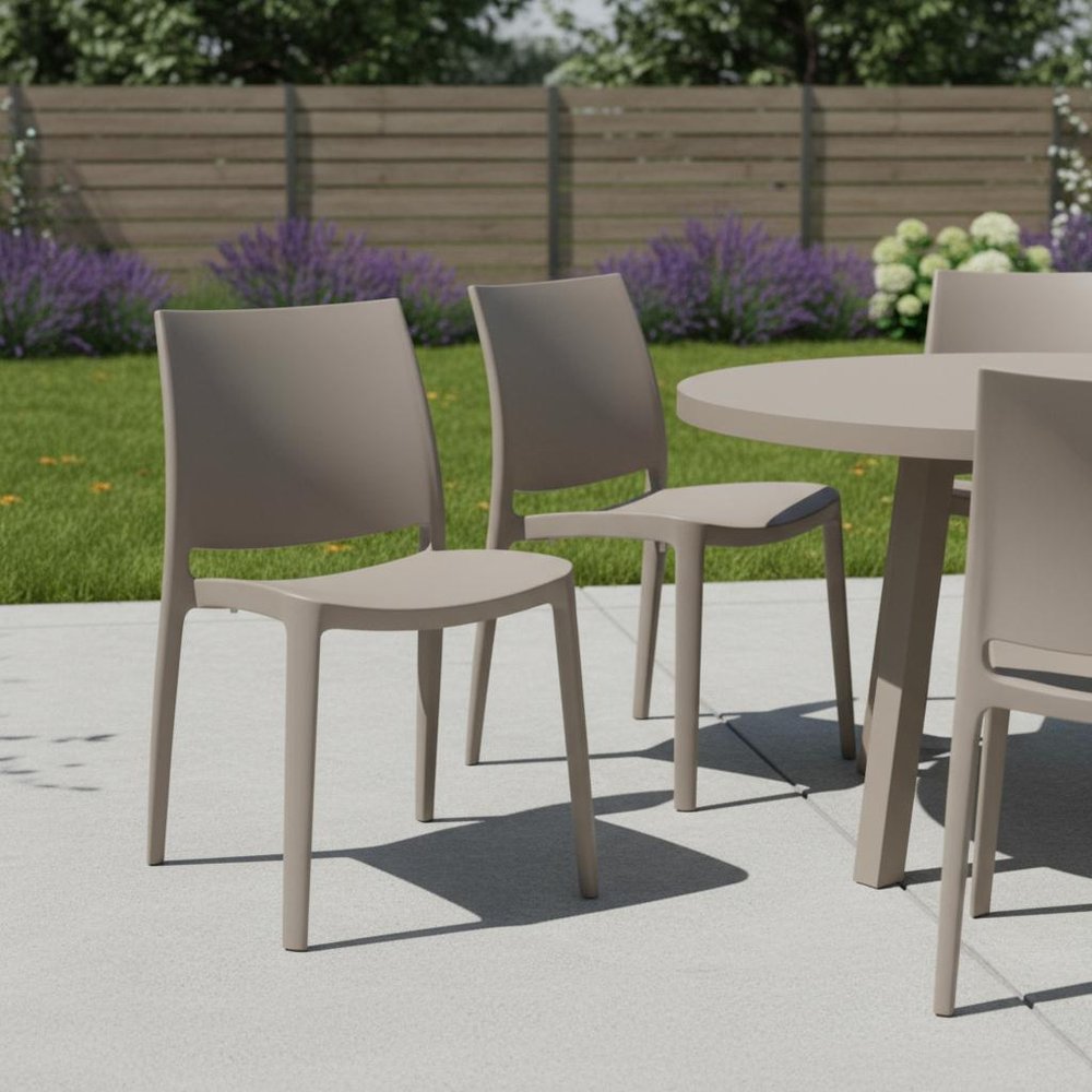 Set of Four Taupe Heavy Duty Plastic Outdoor Stacking Dining Chairs