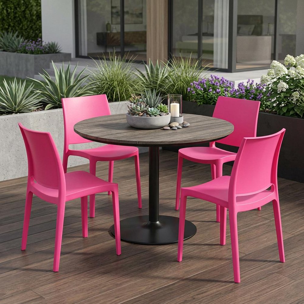 Set of Four Fuchsia Heavy Duty Plastic Outdoor Stacking Dining Chairs