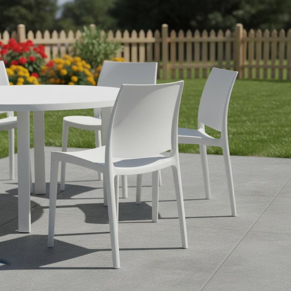 Set of Four White Heavy Duty Plastic Outdoor Stacking Dining Chairs