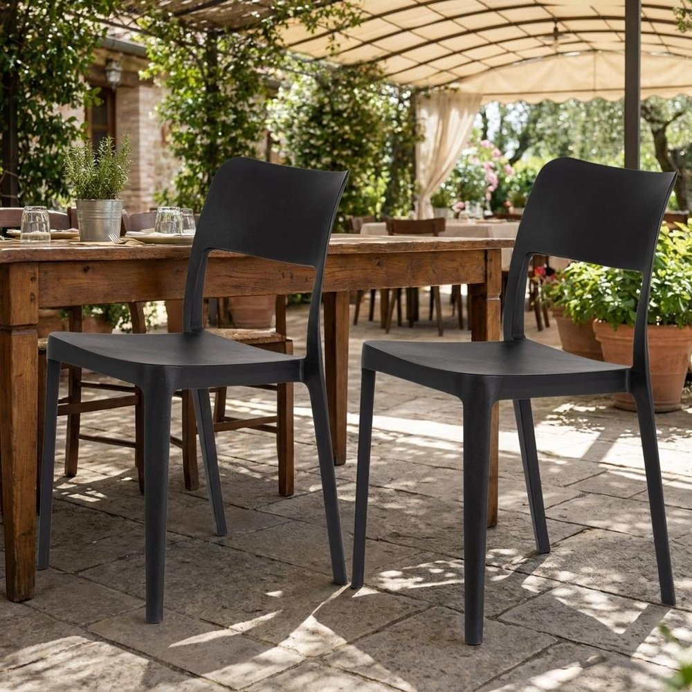 Set of Two Black Heavy Duty Plastic Outdoor Stacking Accent Chairs
