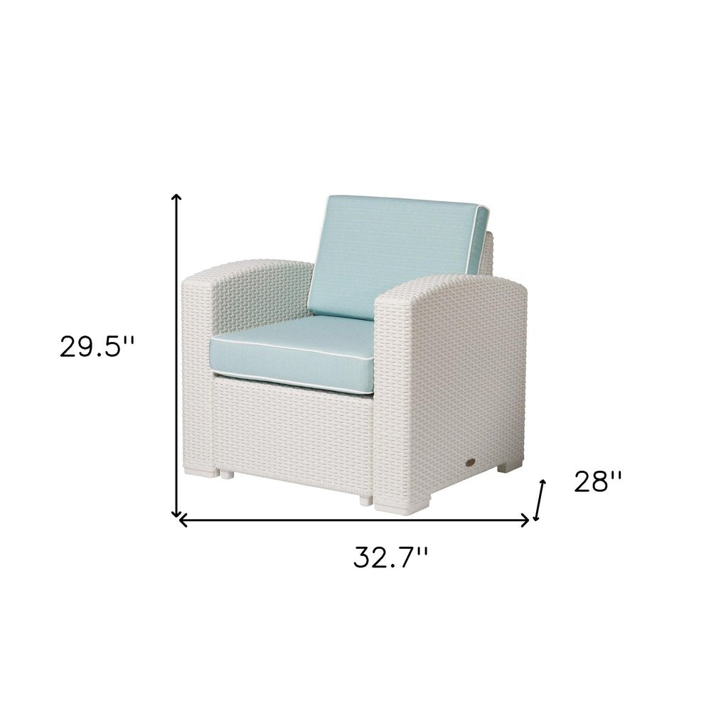 33" White Heavy Duty Plastic Outdoor Club Chair With Aqua Blue Cushion