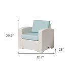 33" White Heavy Duty Plastic Outdoor Club Chair With Aqua Blue Cushion